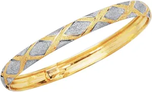 10K Yellow White Gold 6mm Shiny Textured Flex White Diamond Shape Bangle - 8 Inches, 5gr.