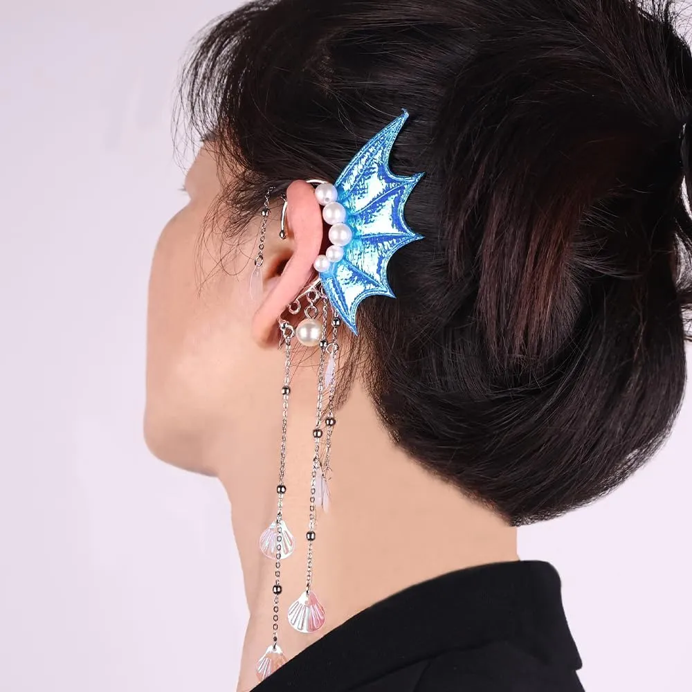 2PCS Dainty Ear Cuffs Clip-on Earring for Women, Fins Shaped Ear Cuffs Non-Piercing Earrings Rhinestone Marine Organism Tassel Ear Bone Clip without Pierced