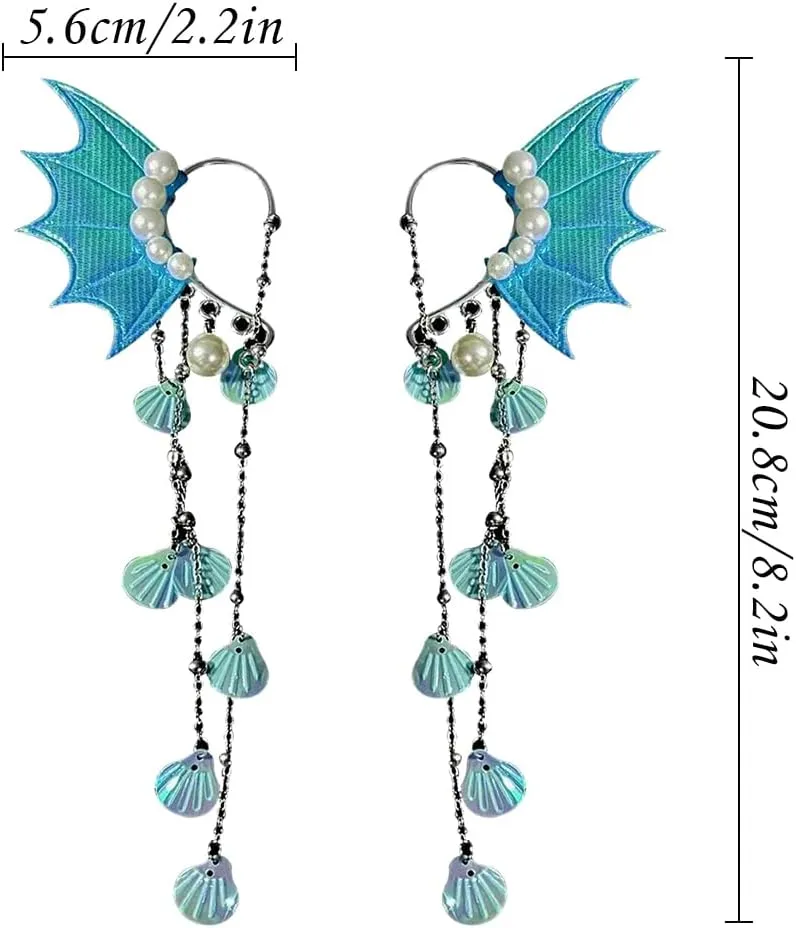 2PCS Dainty Ear Cuffs Clip-on Earring for Women, Fins Shaped Ear Cuffs Non-Piercing Earrings Rhinestone Marine Organism Tassel Ear Bone Clip without Pierced