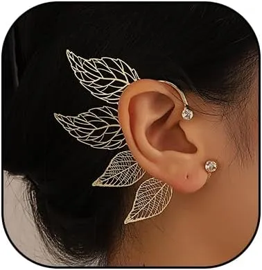 2Pcs Rhinestone Leaf Climbers Crawl Ear Clip Earrings Crystal Left Ear Cuff Wrap Clip Earring Jewelry for Women Party Accessories