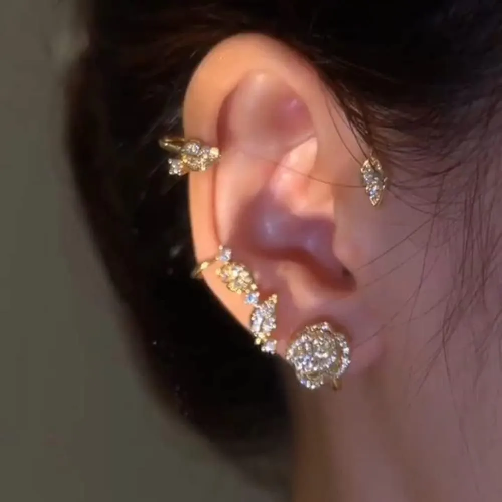 2PCS Women's Clip-On Earrings Hook Without Pierced Rose Flower Ear Bone Clip Ear Clip Butterfly