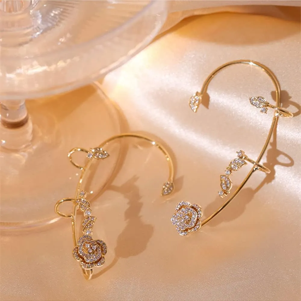 2PCS Women's Clip-On Earrings Hook Without Pierced Rose Flower Ear Bone Clip Ear Clip Butterfly