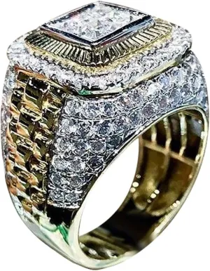 925 Silver Men's Pinky Square Engagement Ring Wedding Band Cubic Zirconia Comfort Fit Yellow Gold Hip Hop Ring