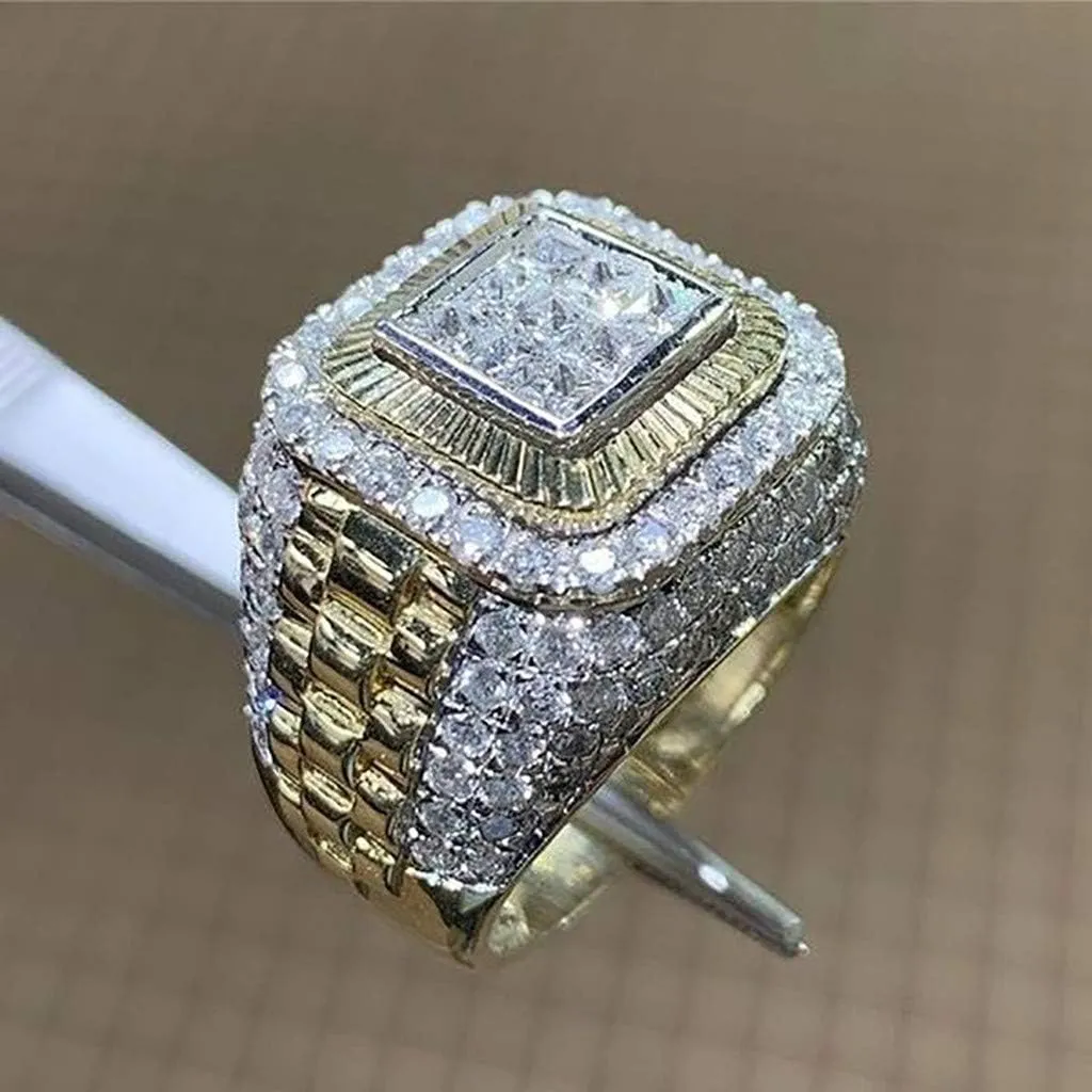 925 Silver Men's Pinky Square Engagement Ring Wedding Band Cubic Zirconia Comfort Fit Yellow Gold Hip Hop Ring