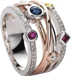 925 Sterling Silver Colorful Geometric Gemstone and Cubic Zirconia Multi Layer Rings Engagement Wedding Band Ring