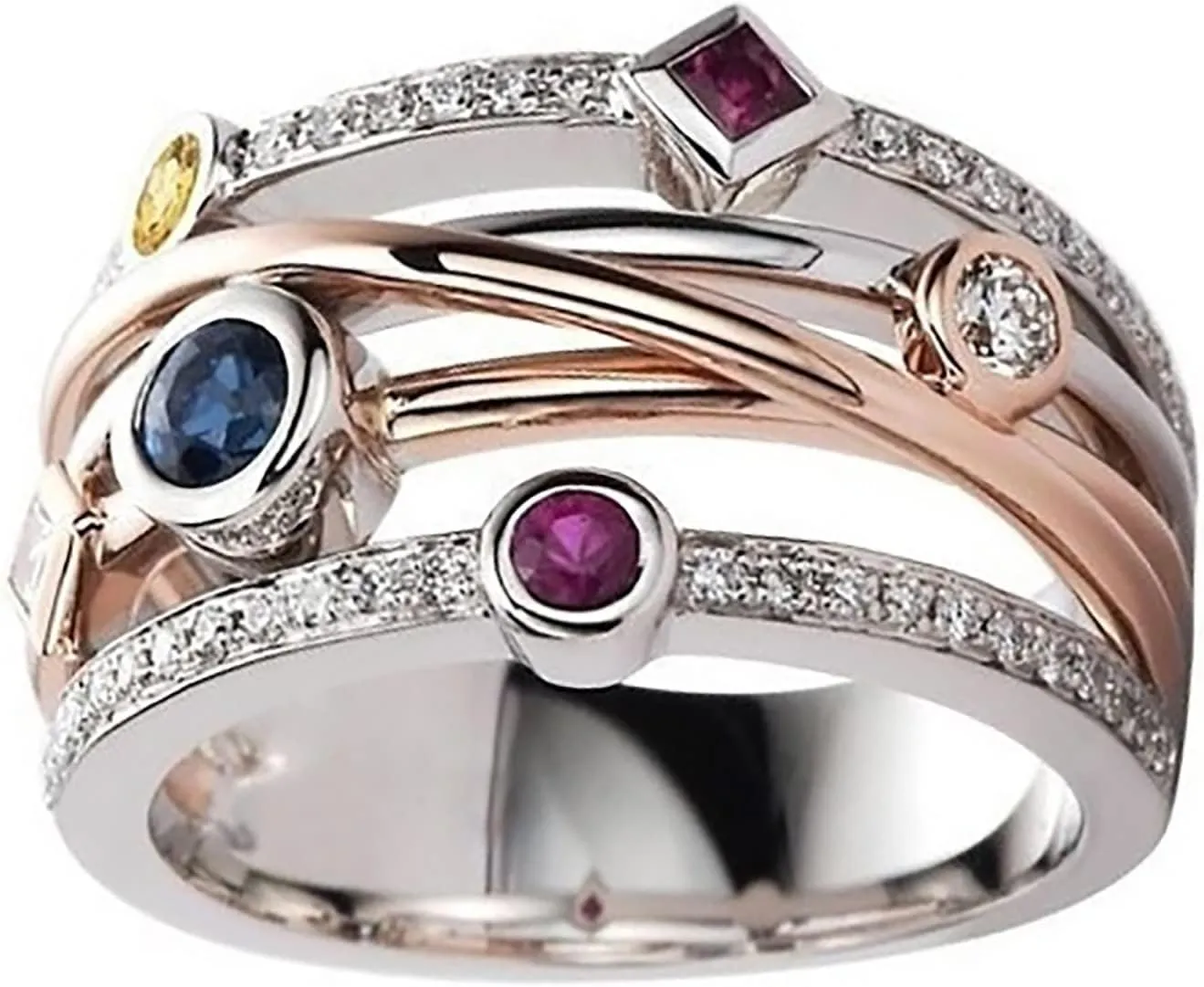925 Sterling Silver Colorful Geometric Gemstone and Cubic Zirconia Multi Layer Rings Engagement Wedding Band Ring