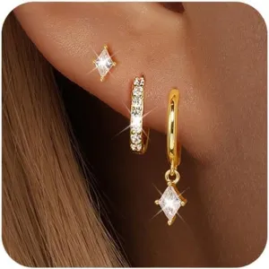 Angelady Gold Hoop Earrings Set for Women, Dainty 14K Gold Plated Huggies Earring, Sterling Silver Hypoallergenic Cartilage Earrings, Trendy Earring Stacks for Multiple Piercing Jewelry Gift(3 Pairs)