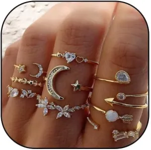 Boho Gold Stackable Ring Sets for Teen Girls,Retro Rhinestone Snake Moon Star Finger Rings Set,Knuckle Rings Trendy Stuff for Women Gold Silver Rings Set