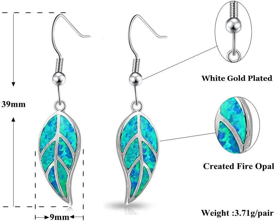 CiNily 18K White Gold Plated Leaf Opal Dangle Drop Earrings for Women Teen Girls Hypoallergenic Opal Jewelry Gift