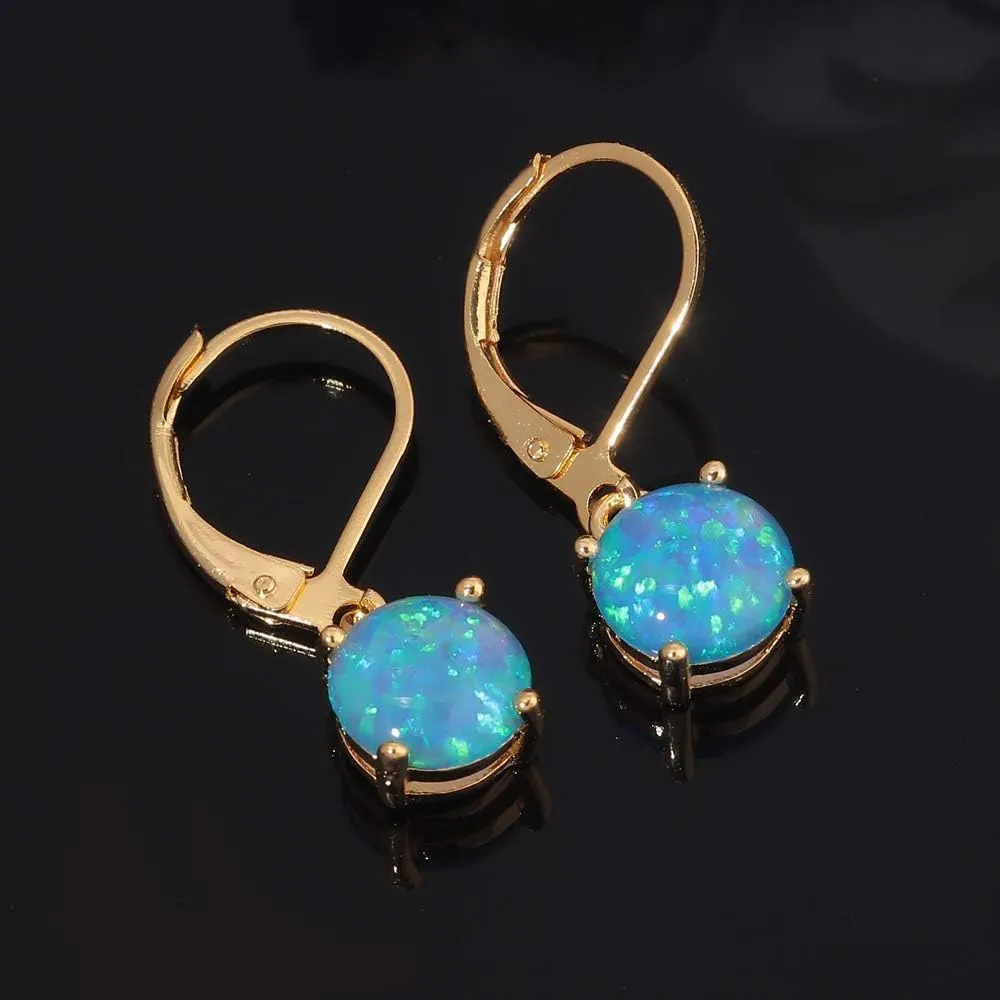CiNily Round-Cut Opal Dangle Earrings, Green Fire Opal Rhodium Plated Women Jewelry Leverback Gemstone Drop Earrings