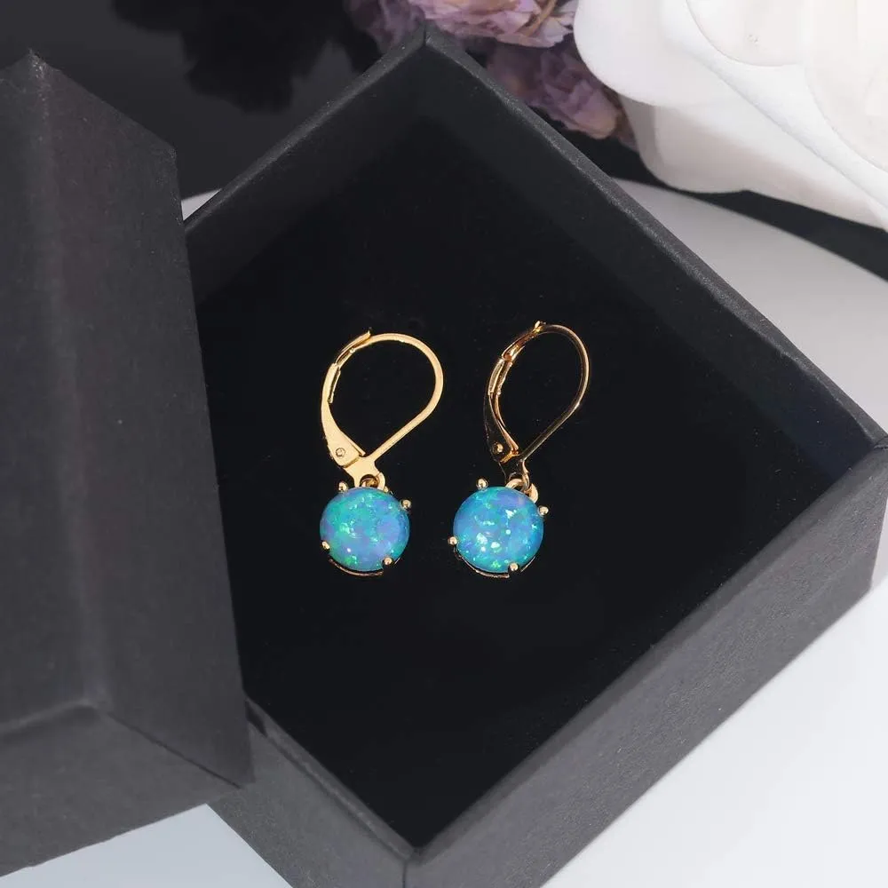 CiNily Round-Cut Opal Dangle Earrings, Green Fire Opal Rhodium Plated Women Jewelry Leverback Gemstone Drop Earrings