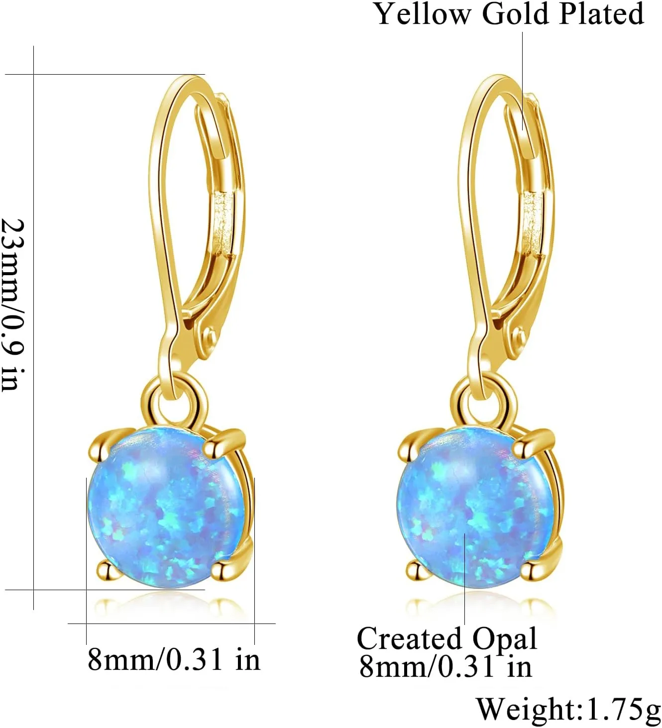 CiNily Round-Cut Opal Dangle Earrings, Green Fire Opal Rhodium Plated Women Jewelry Leverback Gemstone Drop Earrings