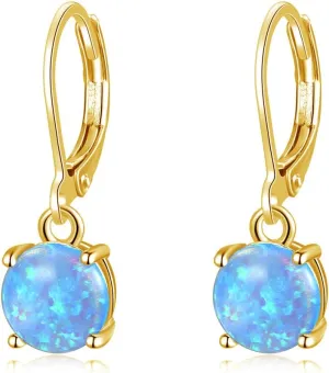 CiNily Round-Cut Opal Dangle Earrings, Green Fire Opal Rhodium Plated Women Jewelry Leverback Gemstone Drop Earrings