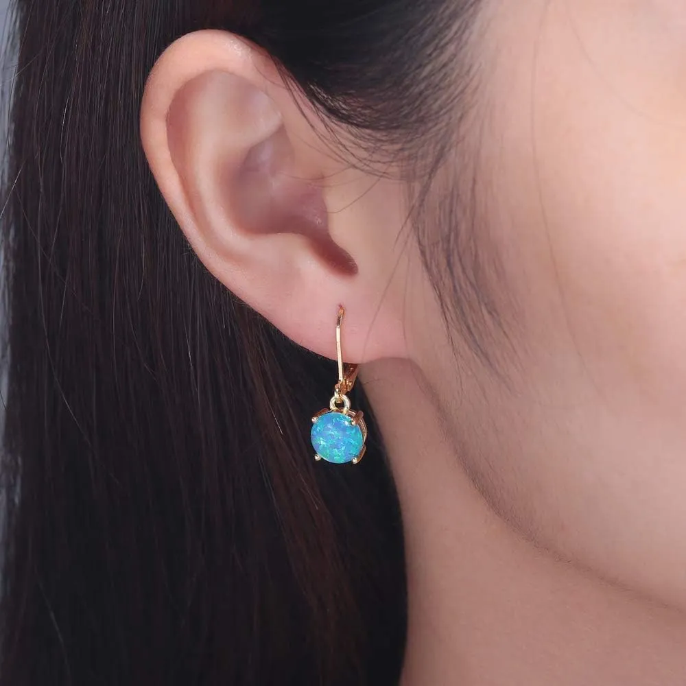 CiNily Round-Cut Opal Dangle Earrings, Green Fire Opal Rhodium Plated Women Jewelry Leverback Gemstone Drop Earrings