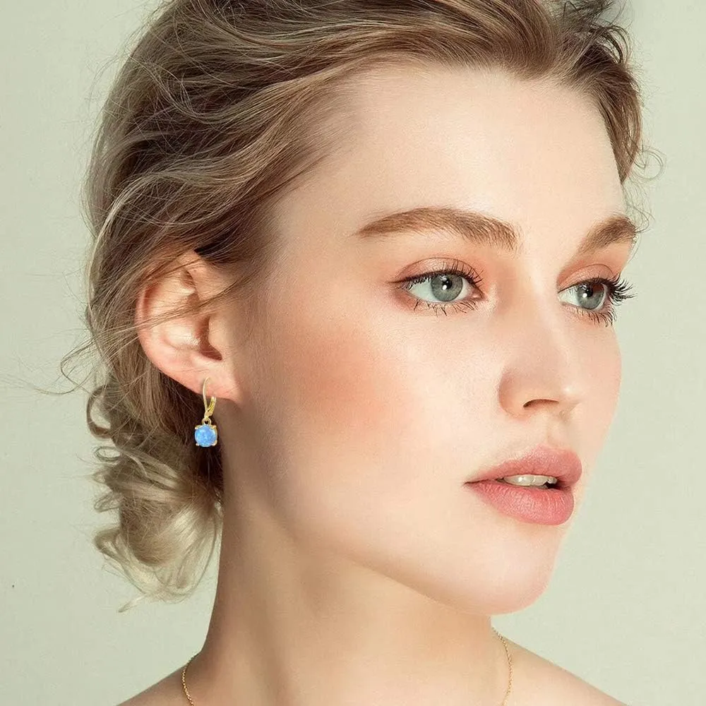CiNily Round-Cut Opal Dangle Earrings, Green Fire Opal Rhodium Plated Women Jewelry Leverback Gemstone Drop Earrings