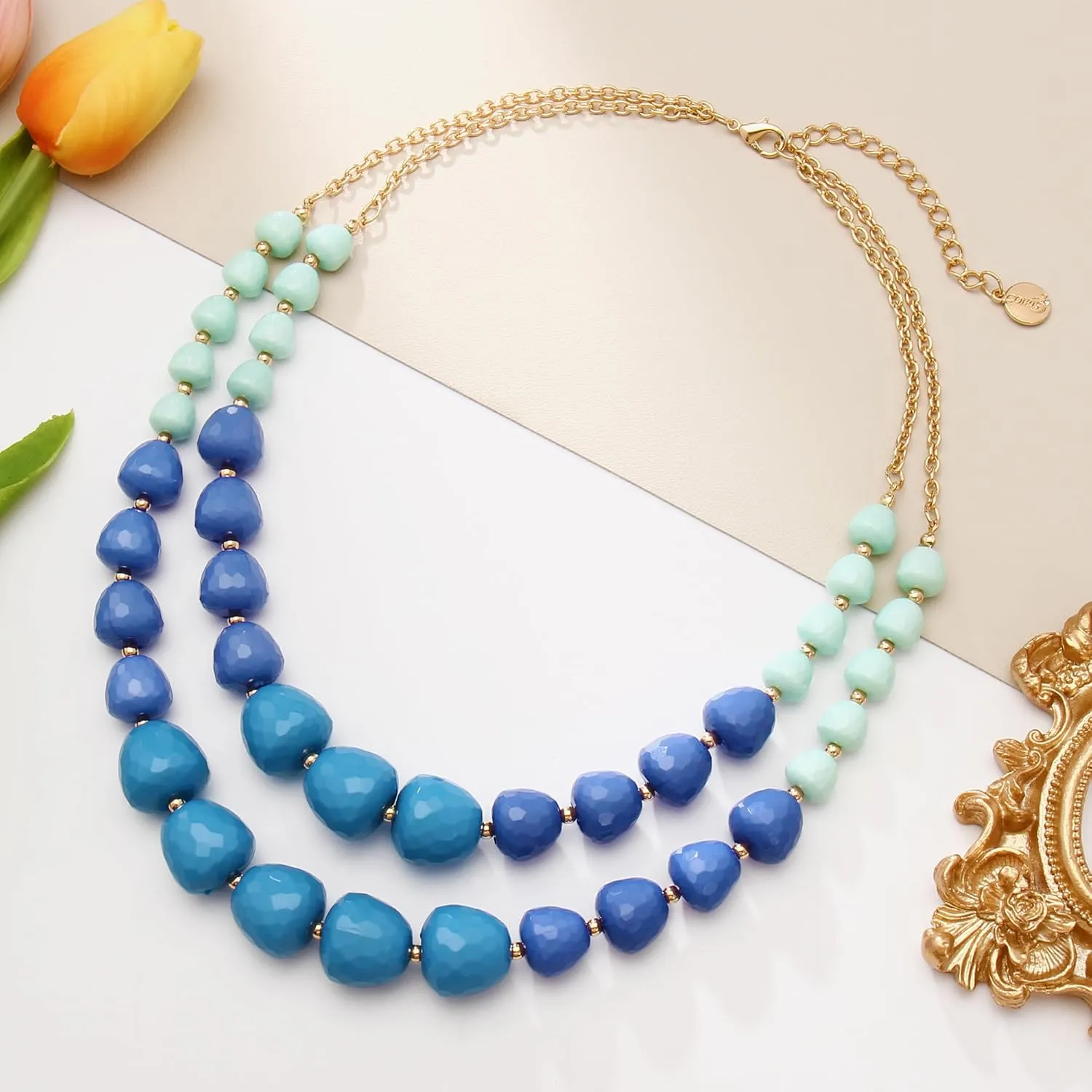 Coiris Statement Chunky Multi Strand Colorful Beaded Necklace African Acrylic Large Strawberry Bead 2 Layered Bib Collar Choker