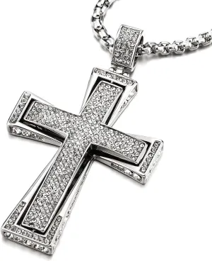COOLSTEELANDBEYOND Mens Womens Large Steel Cross Pendant Necklace with Cubic Zirconia and Wheat Chain