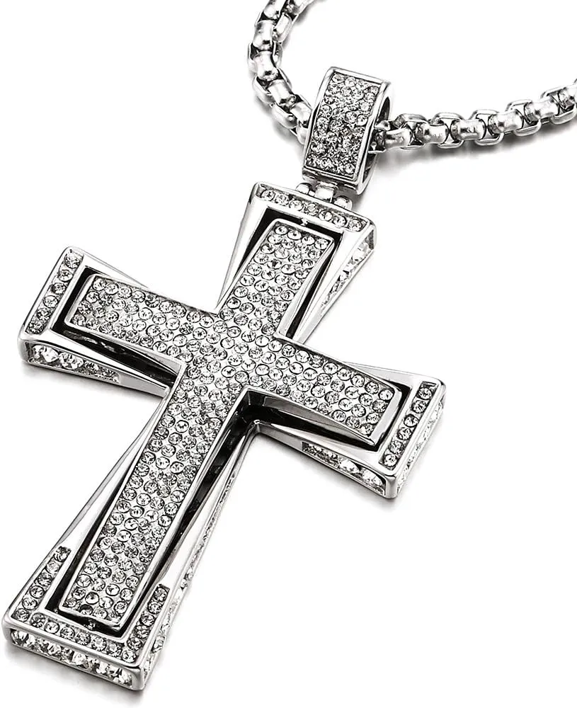 COOLSTEELANDBEYOND Mens Womens Large Steel Cross Pendant Necklace with Cubic Zirconia and Wheat Chain