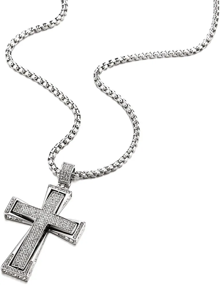 COOLSTEELANDBEYOND Mens Womens Large Steel Cross Pendant Necklace with Cubic Zirconia and Wheat Chain