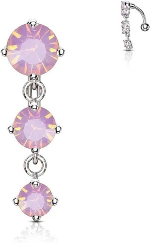 Covet Jewelry Three Prong Round Opalite Crystals Vertical Drop 316L Surgical Steel Top Drop Belly Button Navel Rings
