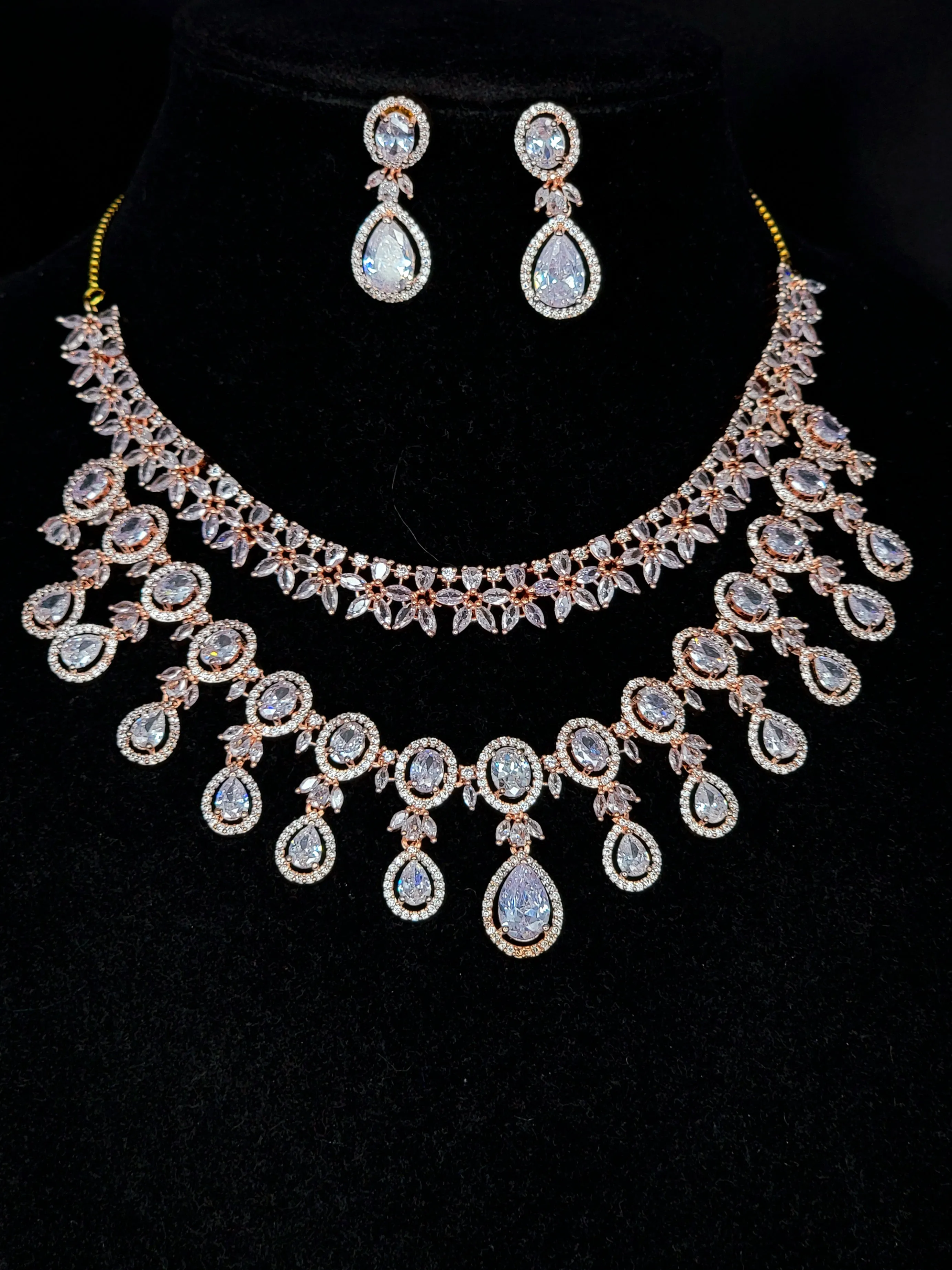 Double Row Rose Gold White AD Zircon Necklace Set