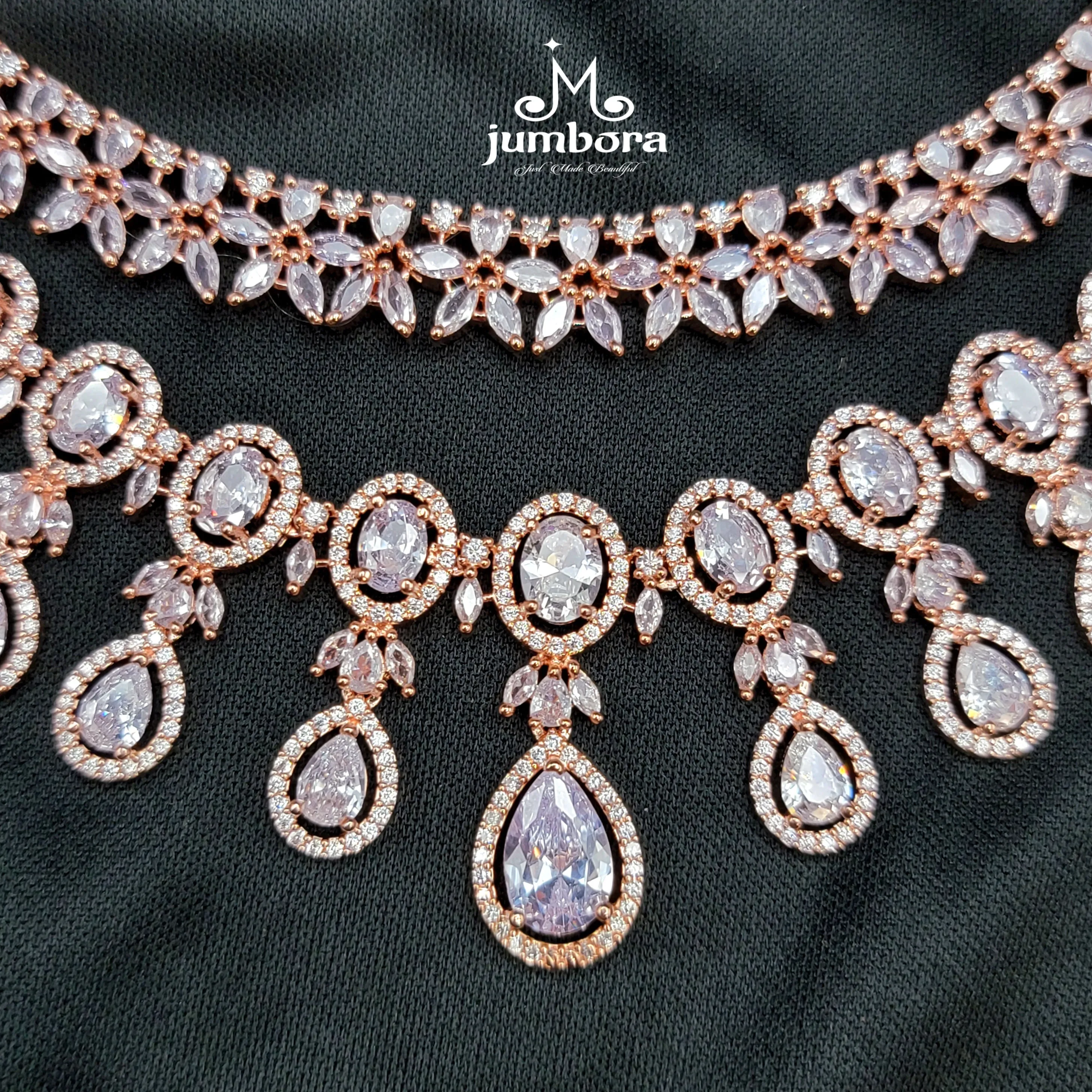 Double Row Rose Gold White AD Zircon Necklace Set