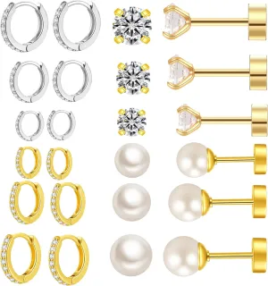 Earring Sets for Multiple Piercing: Small Gold Hoop Stud Earrings for Women Multipack Huggie Hoop Earrings Cubic Zirconia Earrings Studs for Cartilage Helix Tragus Lobe