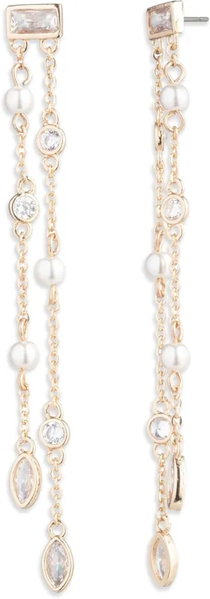 Emily in Paris Gold-Tone Cubic Zirconia & Imitation Pearl Double-Row Linear Drop Earrings