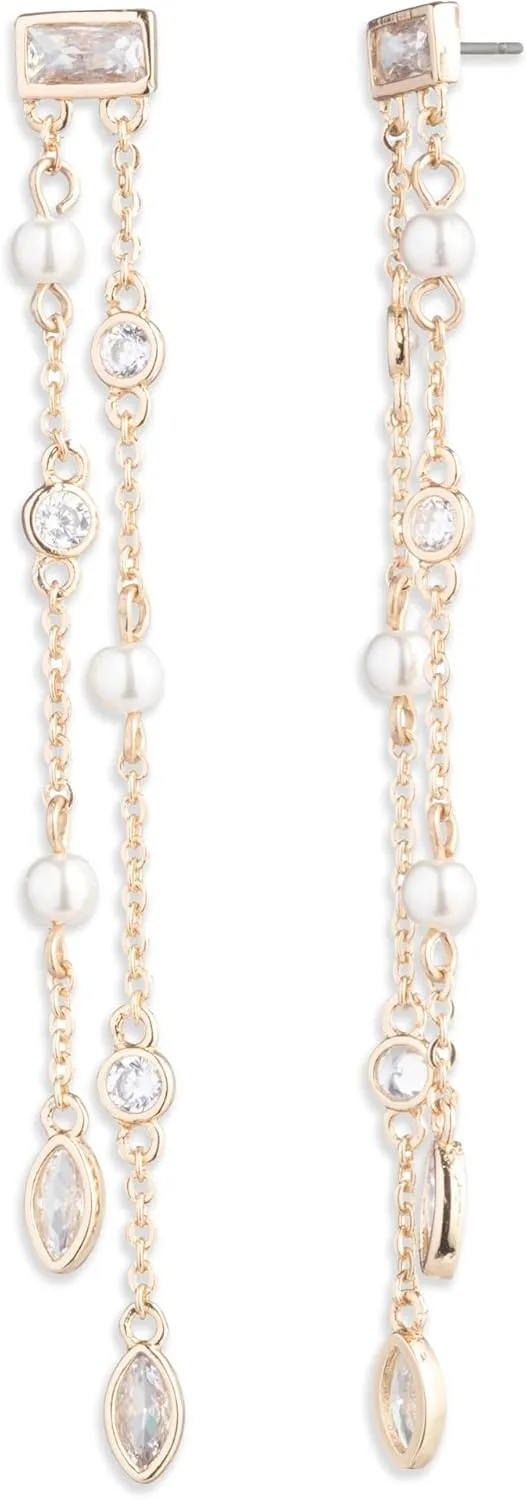 Emily in Paris Gold-Tone Cubic Zirconia & Imitation Pearl Double-Row Linear Drop Earrings