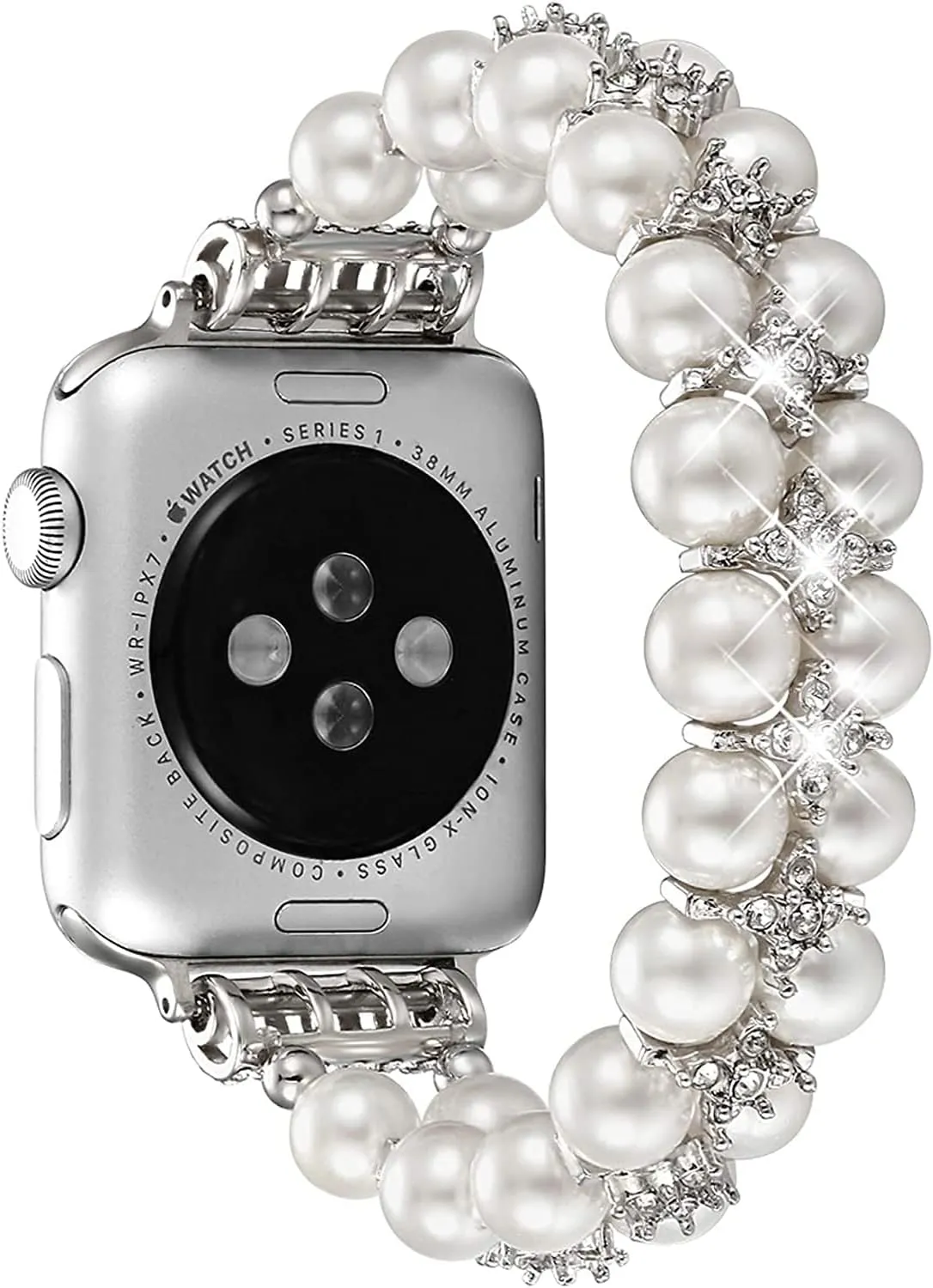 fastgo Compatible with Apple Watch Band Pearl Series 9 8 41mm, Women Fancy Handpicked Beaded Elastic Bracelet, Jewelry Stretch Pearl Strap for Iwatch SE Series 8/7/6/5/4/3/2/1(Pure White, 38/40/41mm)