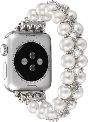 fastgo Compatible with Apple Watch Band Pearl Series 9 8 41mm, Women Fancy Handpicked Beaded Elastic Bracelet, Jewelry Stretch Pearl Strap for Iwatch SE Series 8/7/6/5/4/3/2/1(Pure White, 38/40/41mm)