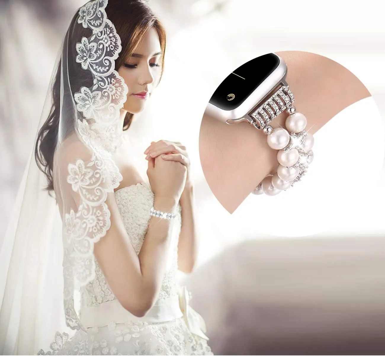 fastgo Compatible with Apple Watch Band Pearl Series 9 8 41mm, Women Fancy Handpicked Beaded Elastic Bracelet, Jewelry Stretch Pearl Strap for Iwatch SE Series 8/7/6/5/4/3/2/1(Pure White, 38/40/41mm)