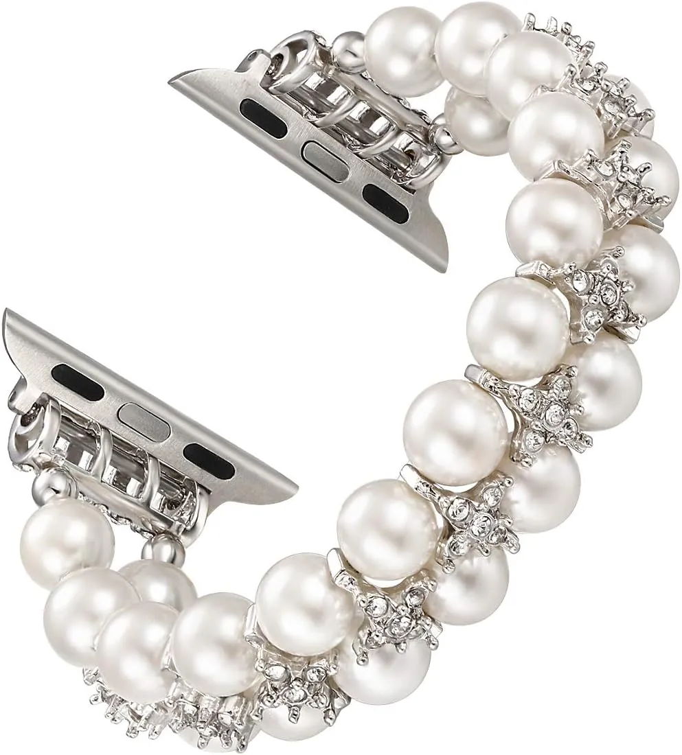 fastgo Compatible with Apple Watch Band Pearl Series 9 8 41mm, Women Fancy Handpicked Beaded Elastic Bracelet, Jewelry Stretch Pearl Strap for Iwatch SE Series 8/7/6/5/4/3/2/1(Pure White, 38/40/41mm)