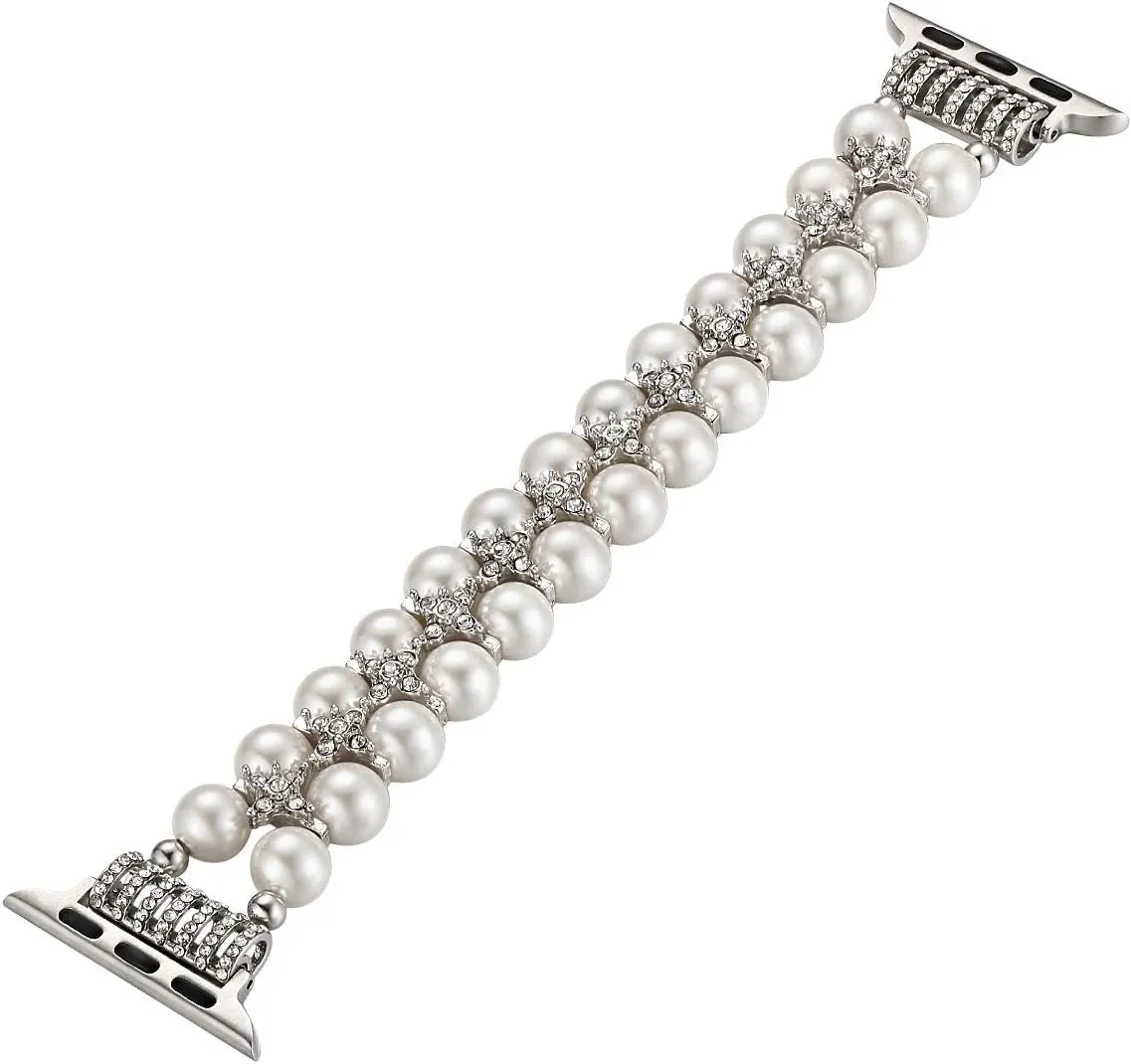 fastgo Compatible with Apple Watch Band Pearl Series 9 8 41mm, Women Fancy Handpicked Beaded Elastic Bracelet, Jewelry Stretch Pearl Strap for Iwatch SE Series 8/7/6/5/4/3/2/1(Pure White, 38/40/41mm)