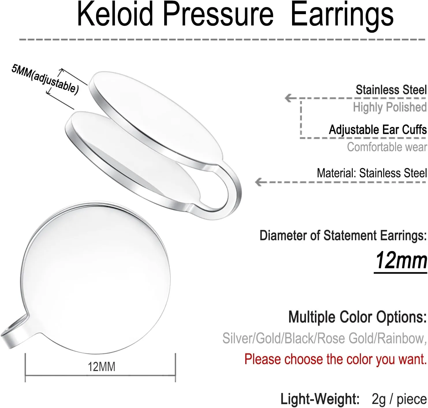 FLYUN 12MM Pressure Earrings for Keloids, Keloid Earrings Pressure Clip, Compression Earrings for Keloids, Clip On Earring, Ear Cuff, Stainless Steel Non-pierced Earrings