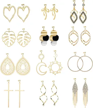 Gold Clip On Earrings Women, 2 Options for Pierced Ears & Non-pierceing Ears Dangle Earrings, Trendy Gold Plated Clip Earrings Heart bowknot Leaf Cross Statement Hoop Fake Earrings Set Boho Beach Vacation Essential