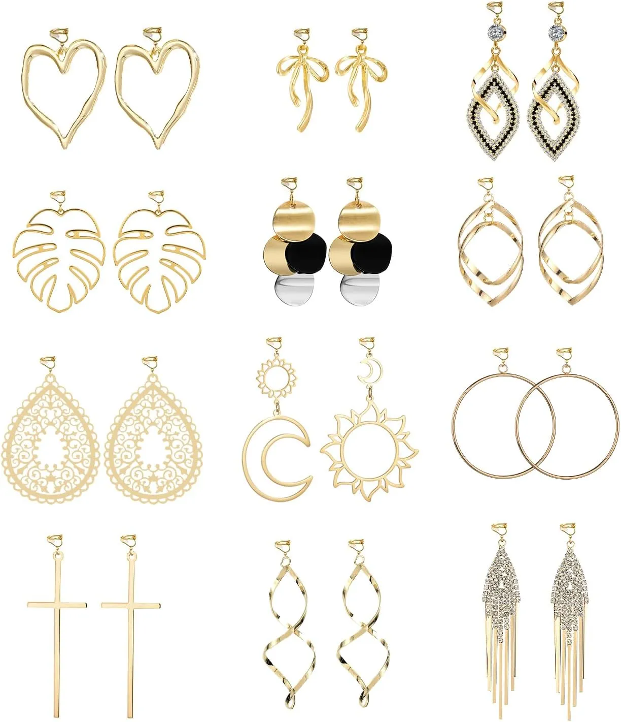 Gold Clip On Earrings Women, 2 Options for Pierced Ears & Non-pierceing Ears Dangle Earrings, Trendy Gold Plated Clip Earrings Heart bowknot Leaf Cross Statement Hoop Fake Earrings Set Boho Beach Vacation Essential
