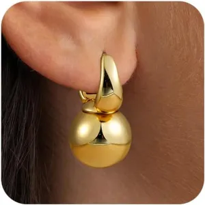 Gold Dangle Earrings for Women Sterling Silver Ball Drop Earrings Hypoallergenic Round Hoop Leverback Lightweight Fashion Jewelry