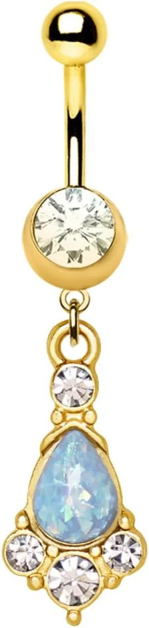 Gold Plated Light Blue Tear Drop Synthetic Opal Dangle Belly Button Navel Ring