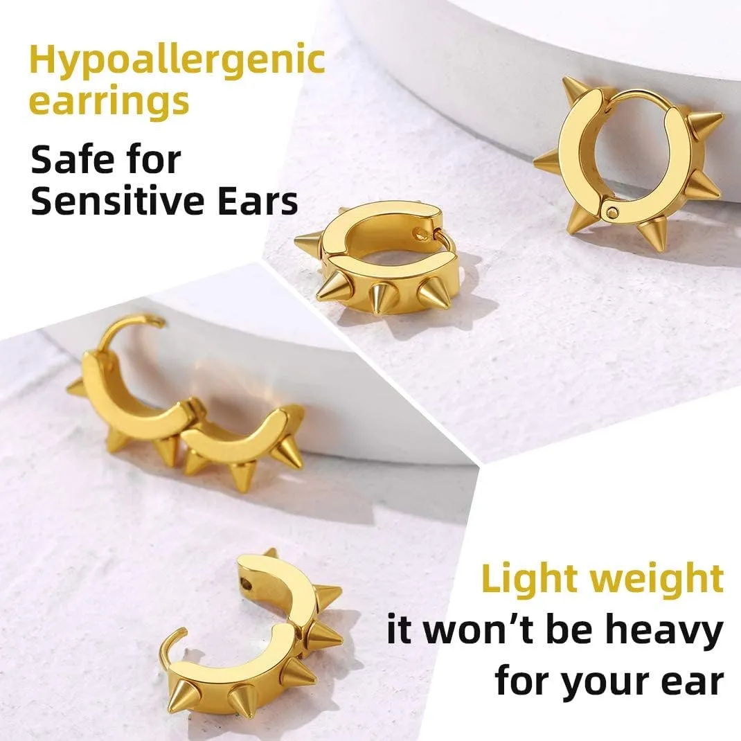 GoldChic Jewelry Mens Earrings Hoop, Surgical Steel Hipster Punk Spike Hoop Huggie Earrings for Men/Women, Hypoallergenic for Sensitive Ears,Gift Box Included