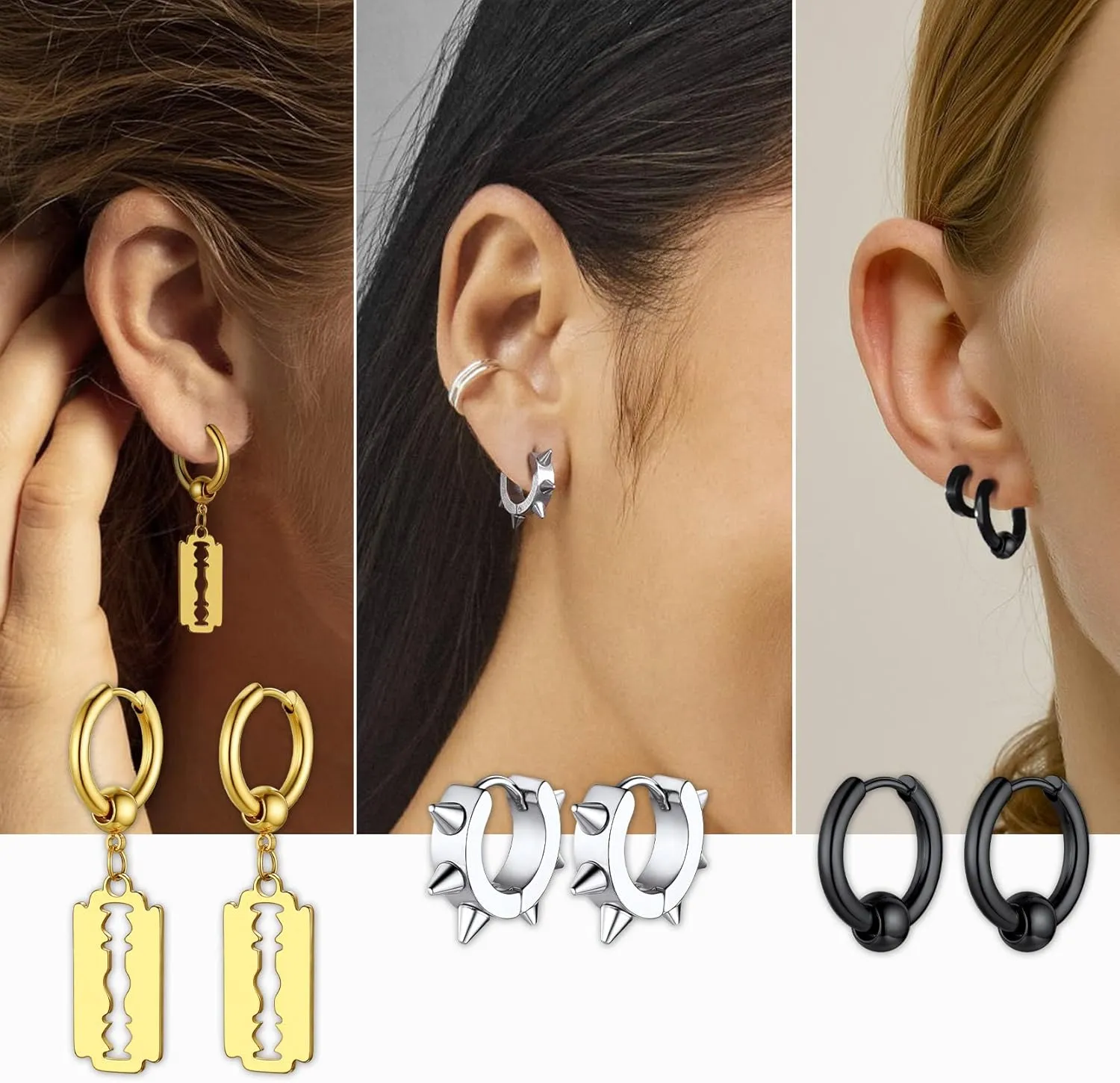 GoldChic Jewelry Mens Earrings Hoop, Surgical Steel Hipster Punk Spike Hoop Huggie Earrings for Men/Women, Hypoallergenic for Sensitive Ears,Gift Box Included
