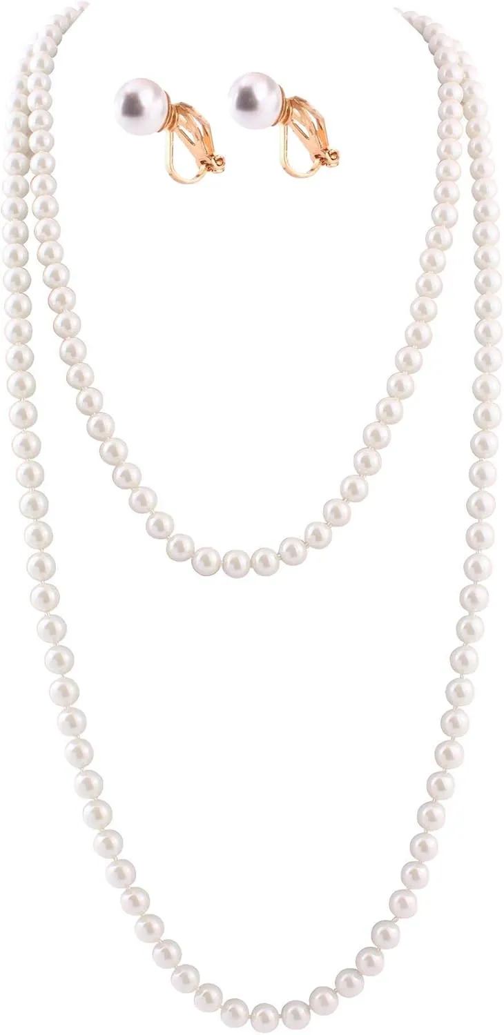 Handmade Faux Pearl Necklace and Clip on Earrings Jewelry Sets for Women Bib Choker Collar Necklace