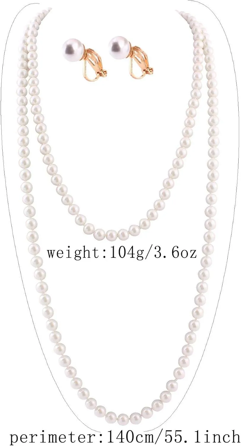 Handmade Faux Pearl Necklace and Clip on Earrings Jewelry Sets for Women Bib Choker Collar Necklace