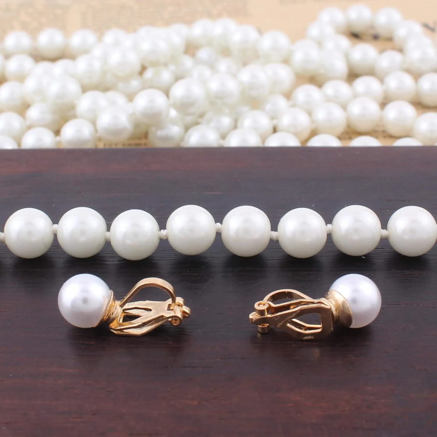 Handmade Faux Pearl Necklace and Clip on Earrings Jewelry Sets for Women Bib Choker Collar Necklace