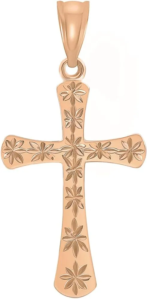 High Polished 14k Rose Gold Textured Star Cut Religious Cross Pendant Necklace with Rolo Cable Chain