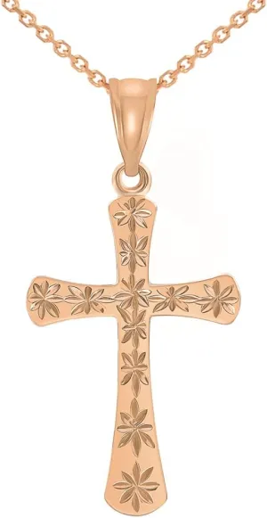 High Polished 14k Rose Gold Textured Star Cut Religious Cross Pendant Necklace with Rolo Cable Chain
