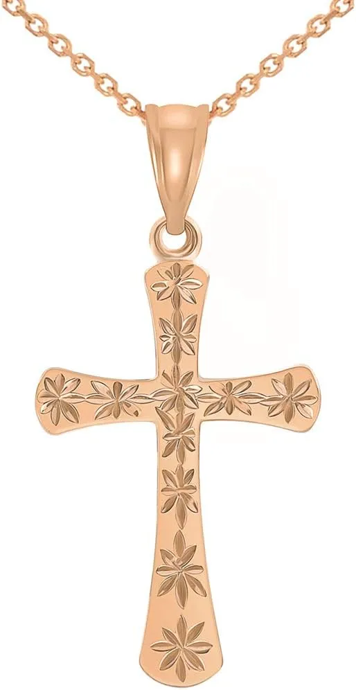 High Polished 14k Rose Gold Textured Star Cut Religious Cross Pendant Necklace with Rolo Cable Chain