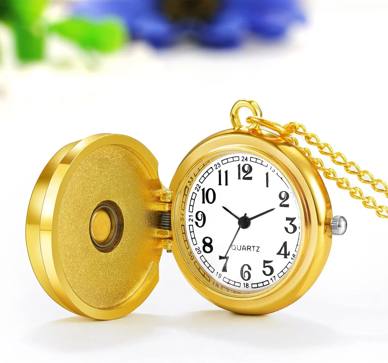 JewelryWe Vintage Pocket Watch for Women - Classic Gold Plated Round Analog Quartz Watch Clock Pendant Necklace with Chain