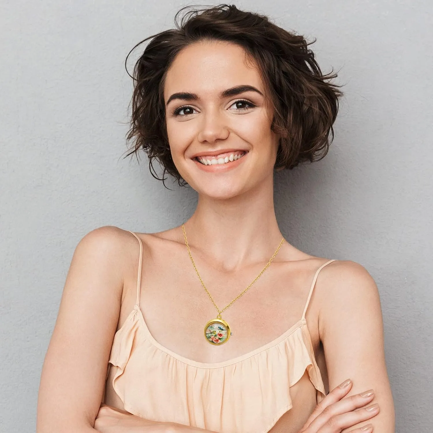 JewelryWe Vintage Pocket Watch for Women - Classic Gold Plated Round Analog Quartz Watch Clock Pendant Necklace with Chain