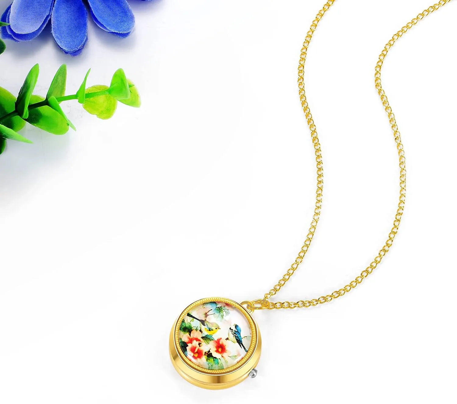 JewelryWe Vintage Pocket Watch for Women - Classic Gold Plated Round Analog Quartz Watch Clock Pendant Necklace with Chain